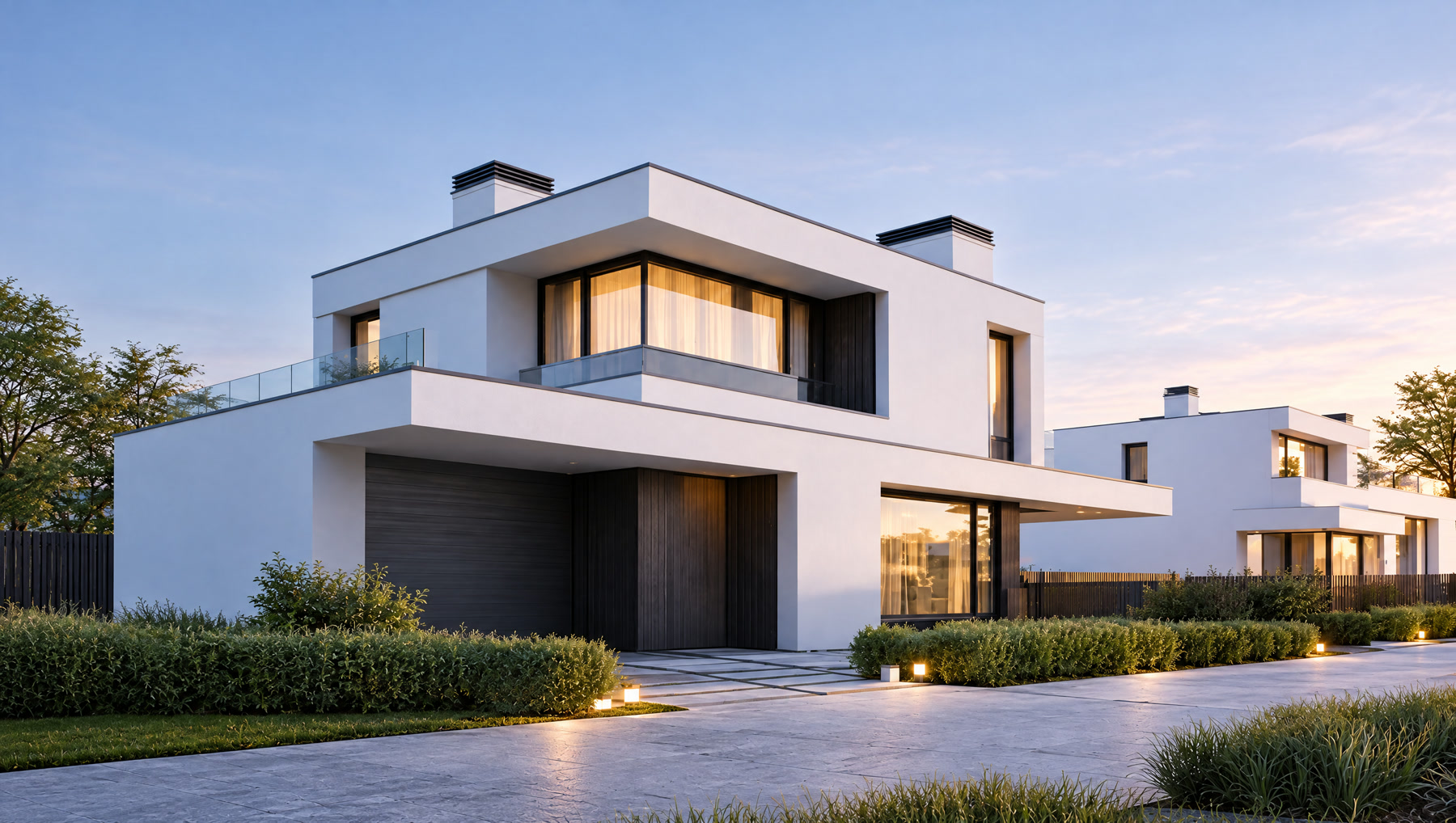 The Sander residence: white horizontal volumes, glazed corners and landscaped gardens.