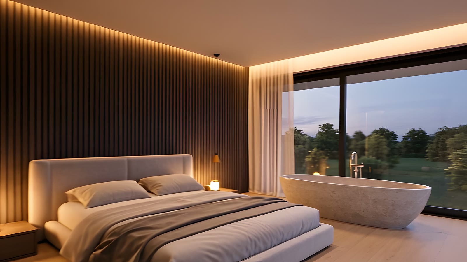 A private suite framed by trees and the evening sky.