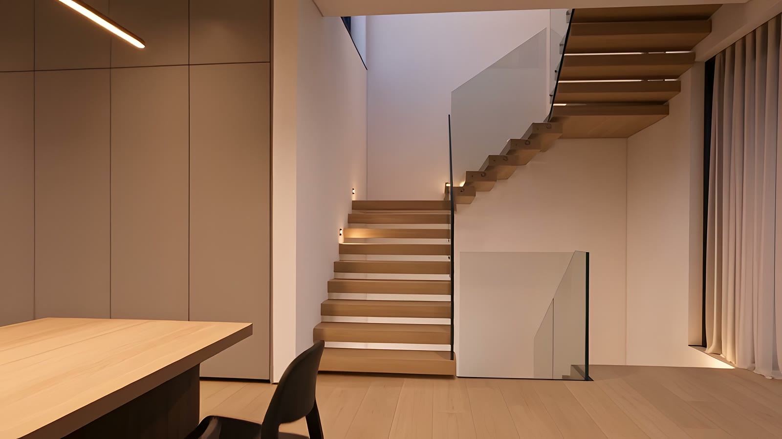 A floating oak stair beside a glass balustrade and full-height curtains.