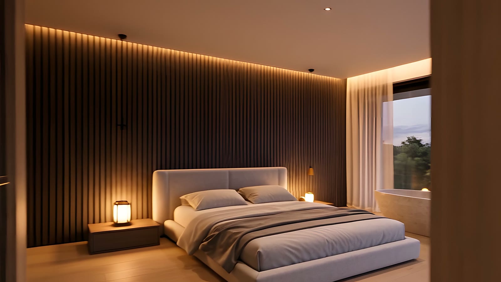 A bedroom with a low upholstered bed, bedside lamps and a timber slat wall.