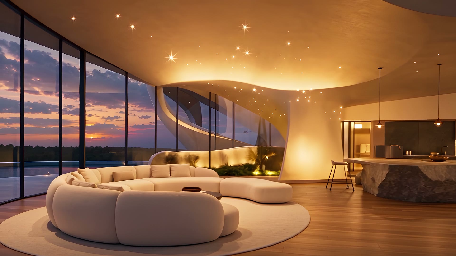 Curved sofas in a warmly lit living room, with a sunset visible through floor-to-ceiling glazing.