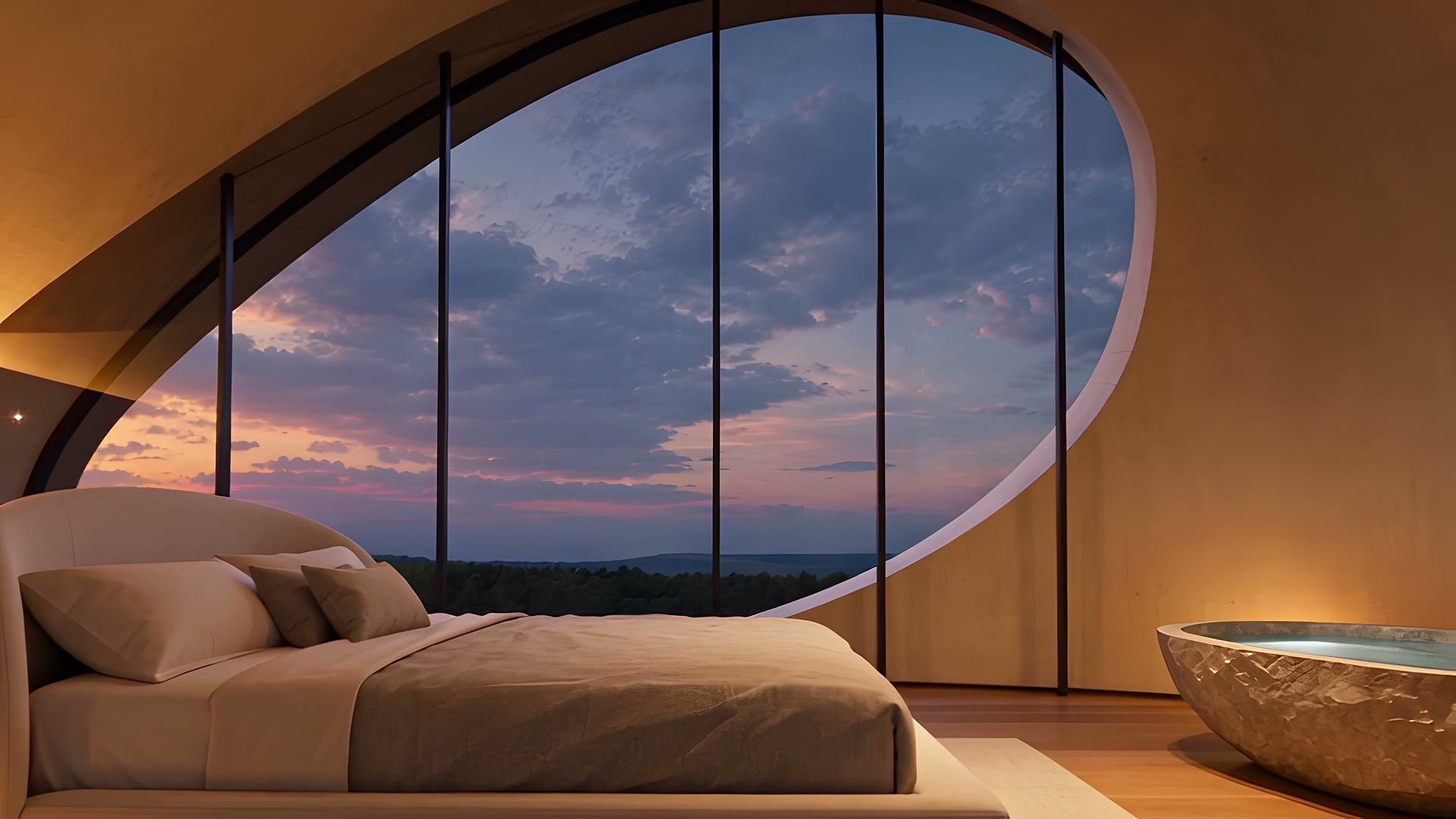 A private suite with an oval window framing the evening sky, a low bed and a stone bath.